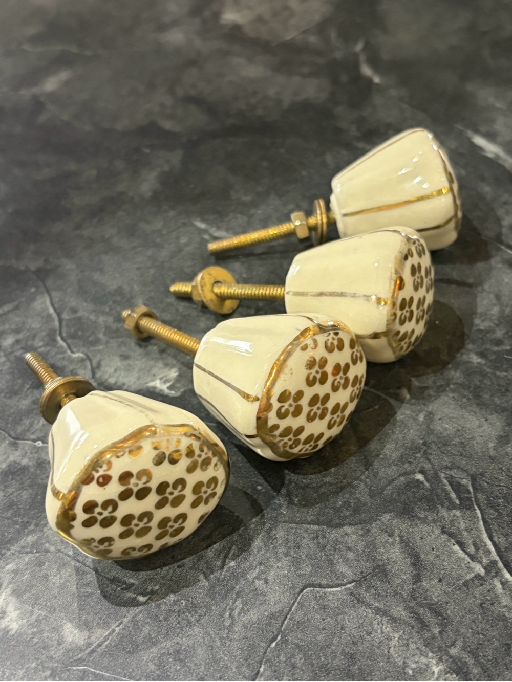Set of 4 Ceramic Glass Chunky Cream/Beige & Gold Drawer Knobs/Pulls
